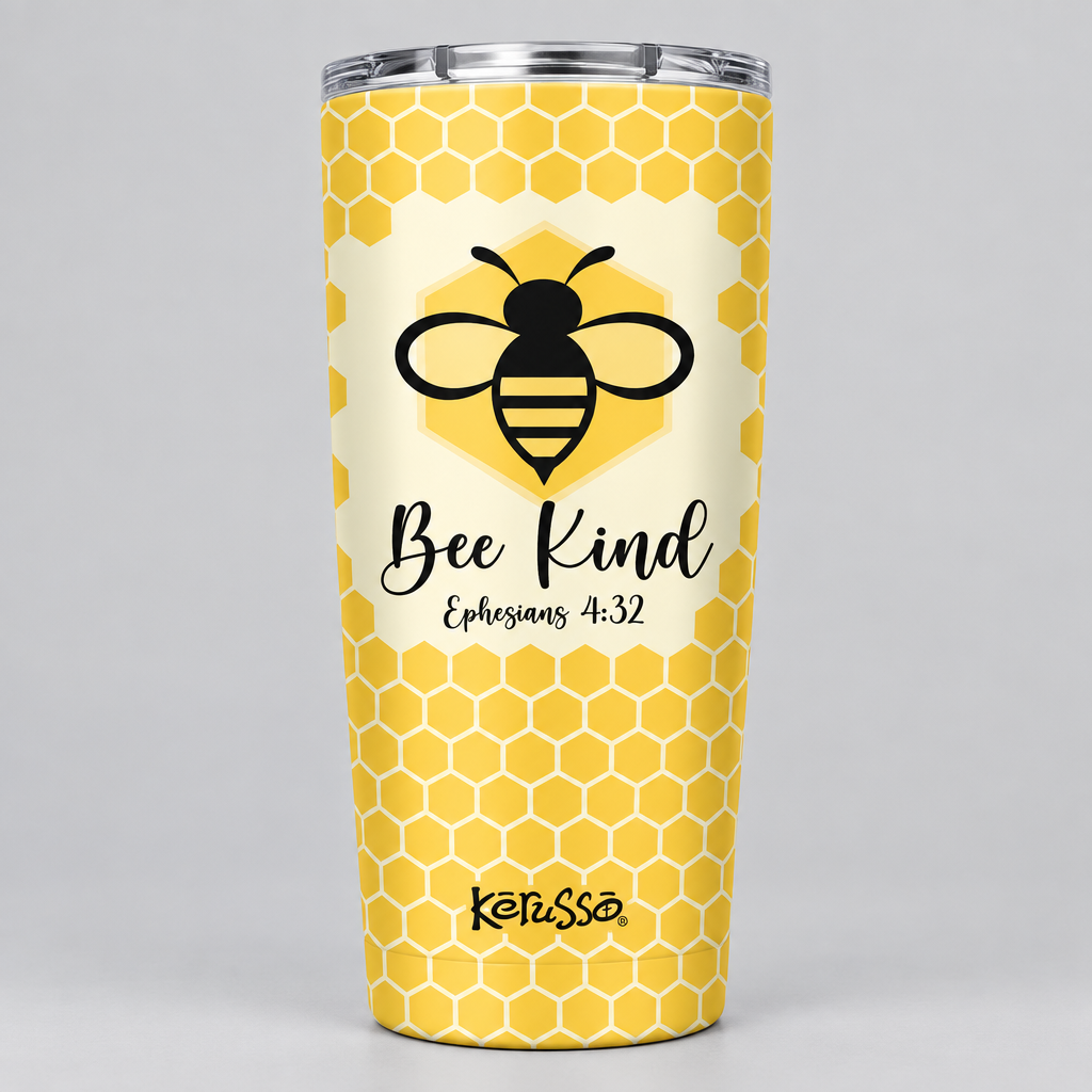 A tall insulated tumbler with a yellow honeycomb pattern and a black bee graphic on the front. The text reads 'Bee Kind' with 'Ephesians 3:32' underneath, and the name 'Kenssa' near the bottom.