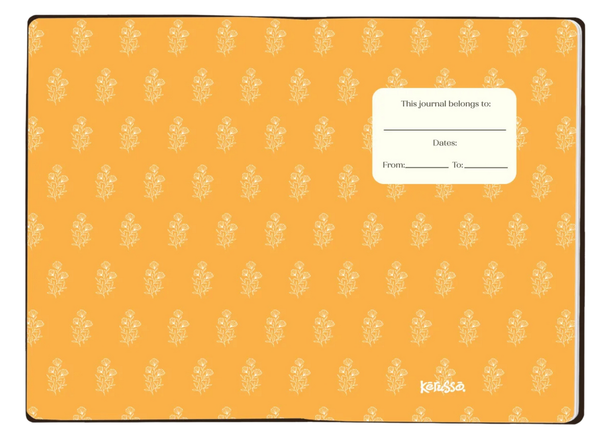 An open journal or notebook with a yellow-orange cover patterned with small white leaf motifs. A white label on the right page reads 'This journal forwards to: Name From______ To______'.