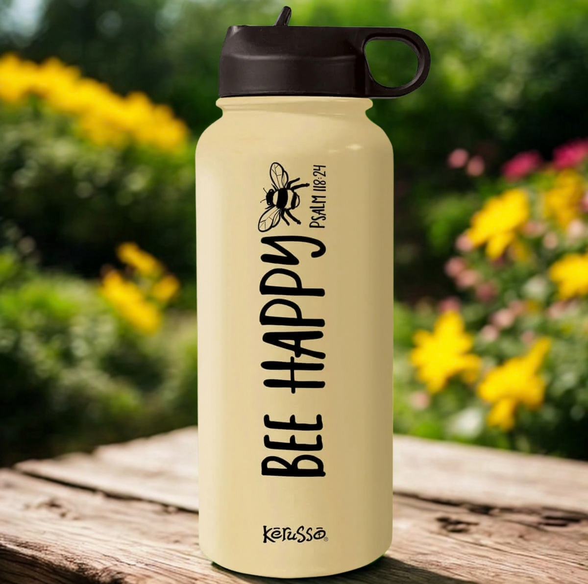 A reusable water bottle with a black lid and handle, featuring a cream-colored body with black text reading 'BEE HAPPY' and 'PEACH 180 TL' alongside a bee graphic. The bottle is placed on a wooden surface with a blurred garden background of yellow and pink flowers.