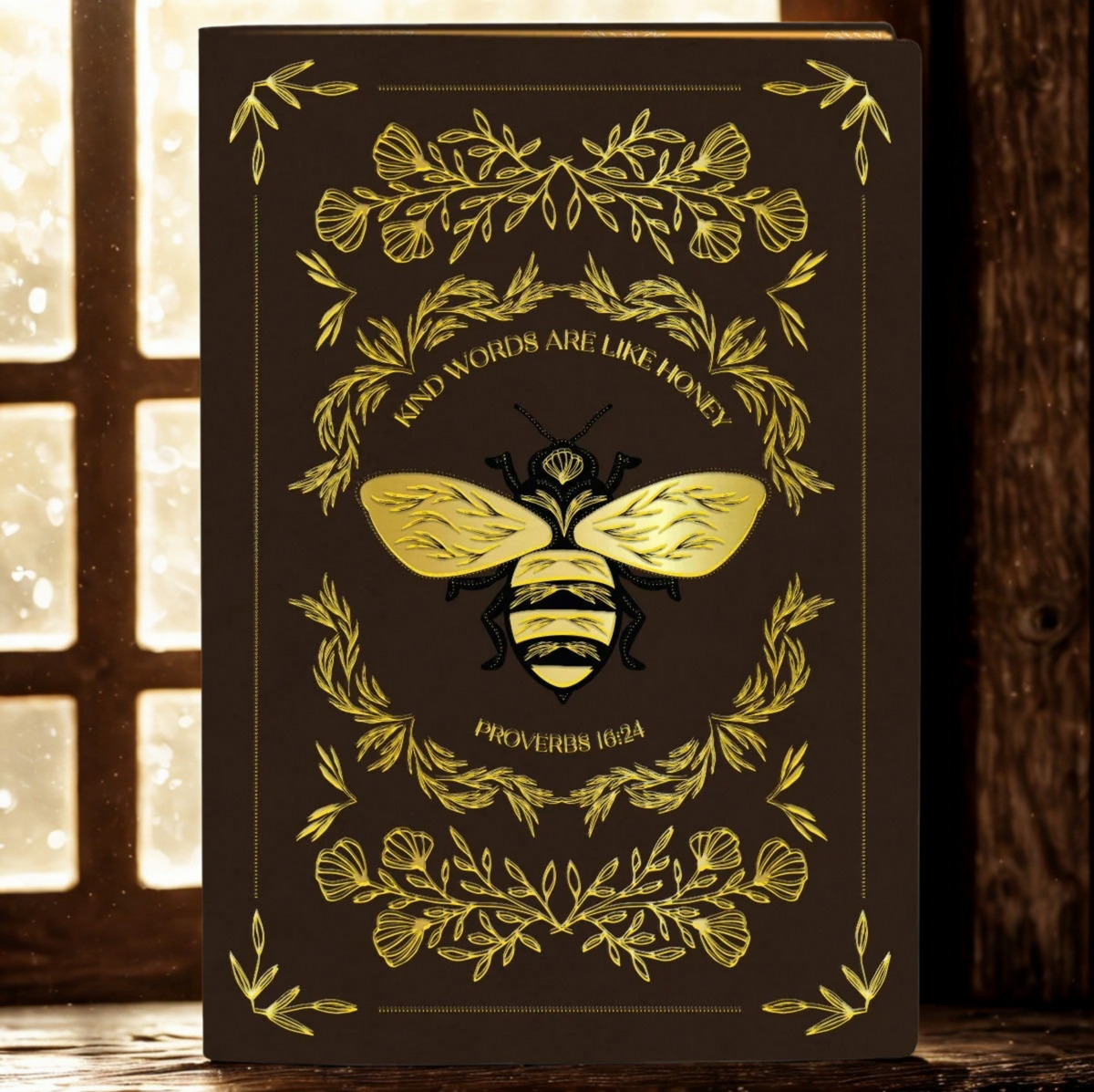 A dark brown hardcover book or journal standing upright, featuring a gold foil bee illustration and decorative gold botanical border, with the text 'KIND WORDS ARE LIKE HONEY' and 'PROVERBS 30:21' on the cover.