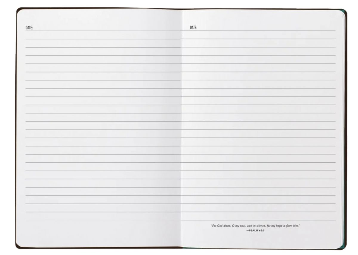 An open lined notebook or journal with blank pages, shown against a plain white background. The right page has a small quote printed near the bottom and the date '2025' at the top of both pages.