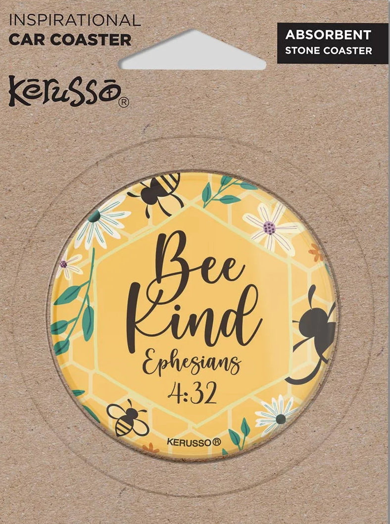 Kerusso Bee Kind Absorbent Stone Car Coaster in its original brown kraft paper packaging, featuring a yellow circular coaster with a floral and bee design.